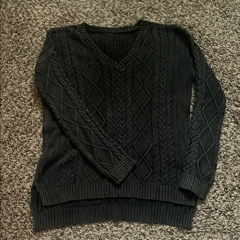 Black distressed wash knit v-neck sweater